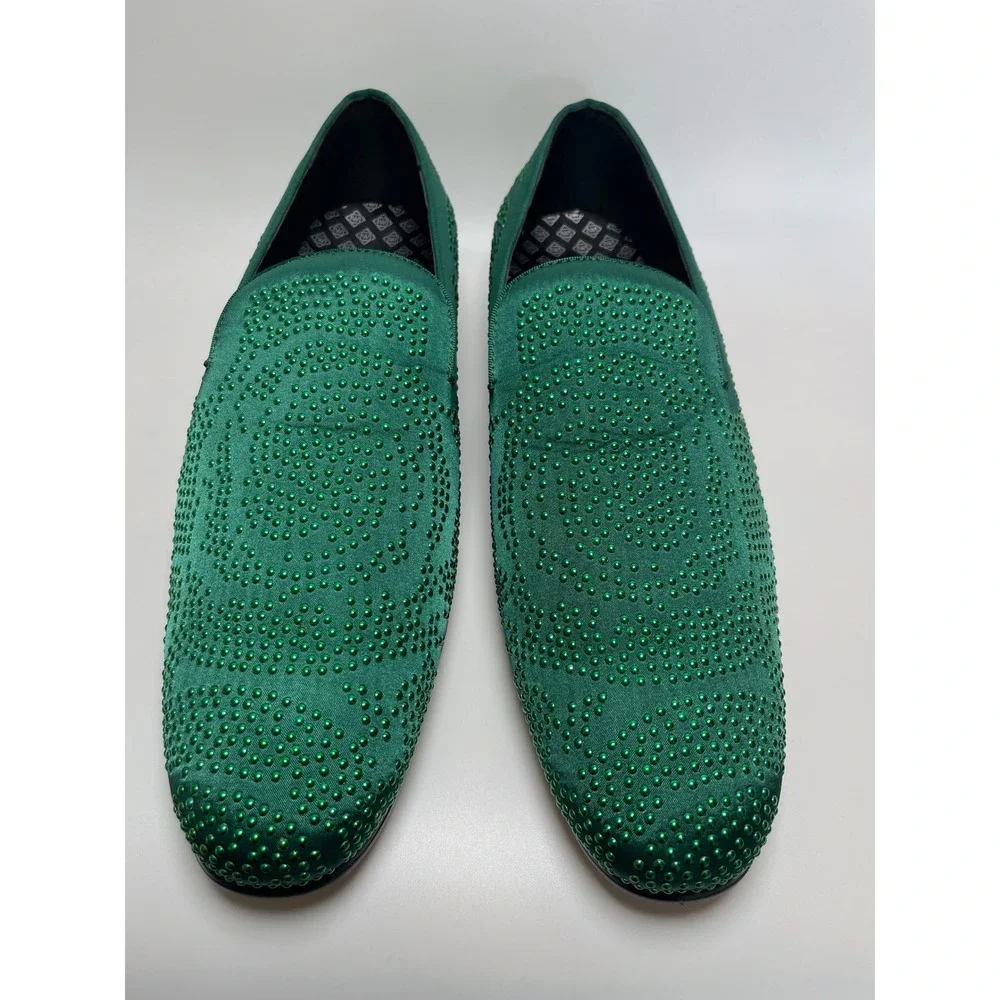 La Milano Mens Emerald Green Satin Rhinestone Studded Loafers Slip On Shoes 14